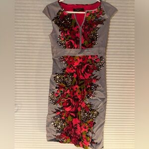 Nine West Floral Sheath Dress Size 2 Pink Gray Cap Sleeve Work Dress